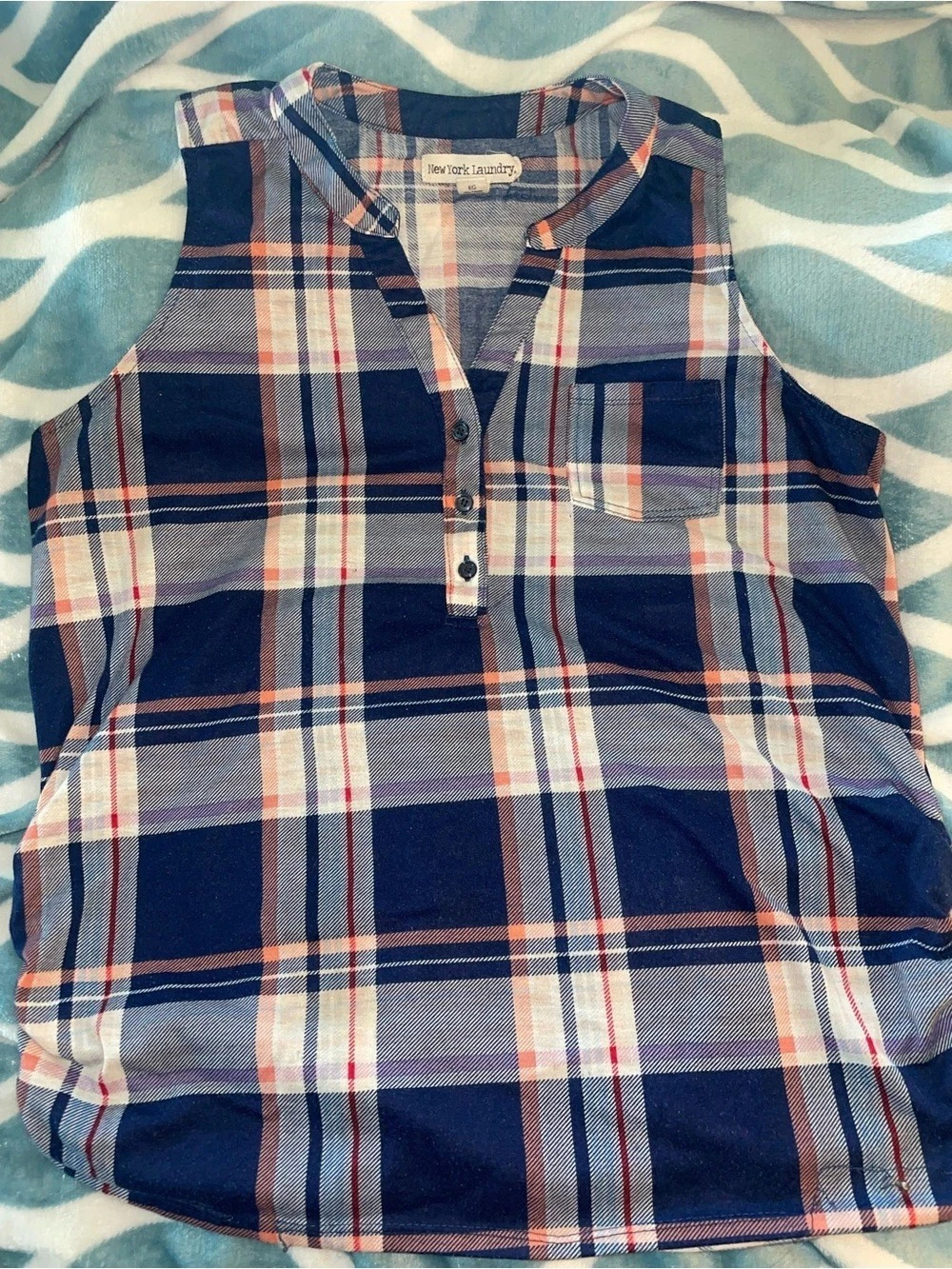 New York Laundry Plaid Sleeveless Top Blue & White XL